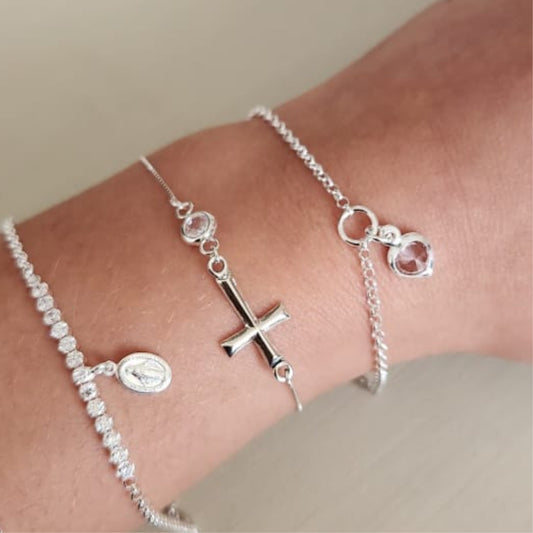 Pulsera cruz y circón plata